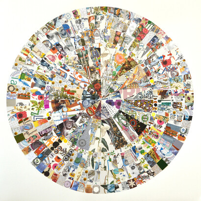 Josette Urso, Test Drive, 2014, paper collage on paper, 36 x 36 inches (unframed), 38 x 38 inches (framed)