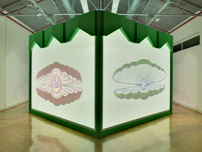 Monira Al Qadiri, Muhawwil (Transformer), 2014. 4-channel video installation with wooden structure. 4 x 3 x 4 meters. Courtesy the artist. 