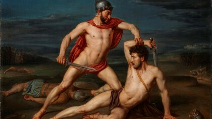 Todo (la épica, la literatura, la vida) empieza con la «cólera de Aquiles» o, por mejor decir, con su recuerdo e invocación a la musa para que inspire al poeta (portada: «Aquiles derrotando a Héctor», Rafael Tegeo)