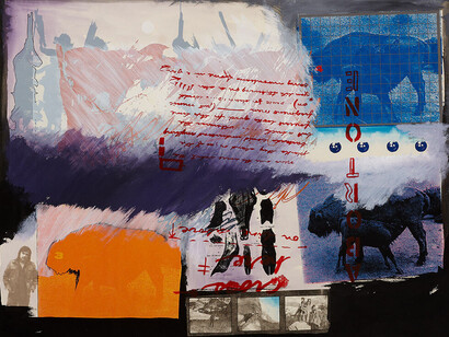 Carl Beam (Canadian 1943-2005)
Self Validation, Columbia Icefields    n.d., monoprint – photo lithography, ink wash and acrylic on paper 96.2 x 126.5 unframed, 107.5 x 138 framed, Gift of Wintario, 1980 © Carl Beam (Licenced by Copyright Visual Arts-CARCC, 2016)