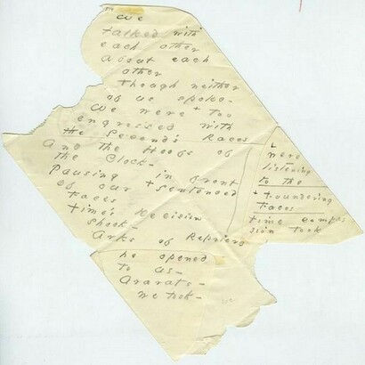 Emily Dickinson, We talked with each other, c. 1879, Amherst Manuscript # 514; Frankling 1506; Johnson 1473, 1 sheet, pencil on paper, 5 1/10 x 7 9/10 inches (13 x 20 cm). Courtesy the Emily Dickinson Collection, Amherst College Archives & Special Collections.