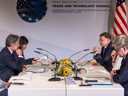 U.S. Secretary of State Antony Blinken, Commerce Secretary Gina Raimondo, Trade Representative Katherine Tai, along with European Commission leaders Margrethe Vestager, Valdis Dombrovskis, and Thierry Breton, attended the Trade and Technology Council (TTC) meeting in Leuven, Belgium, on April 5, 2024, Brussels, Belgium