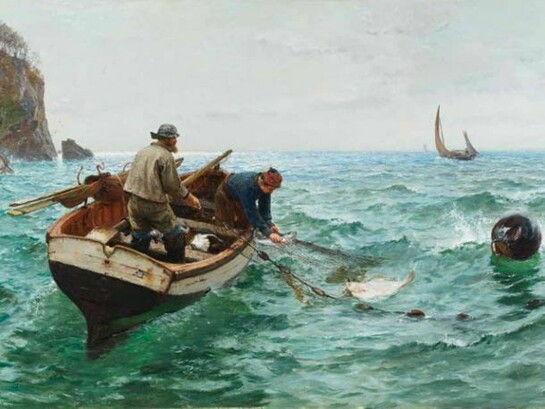 Charles Napier Hemy RA RWS, 1841–1917, Hauling the Trammel Net, 1892, oil on canvas, 82.5 x 123 cms 321⁄2 x 483⁄8 ins