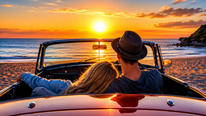A couple relaxing in a convertible as the sun sets on the horizon, capturing a sense of freedom and togetherness