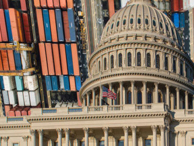 Stacked shipping containers behind the White House illustrate the growing strain tariffs place on global supply chains