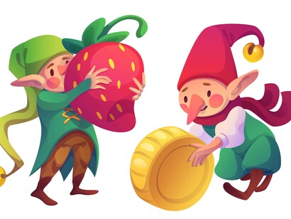 Illustrazione di due elfi-folletti: "Il piatto emanò un bagliore intenso e, in un istante, Eleonora si trovò circondata da immagini che fluttuavano nell’aria: un bosco incantato, un castello dorato, creature strane e meravigliose"