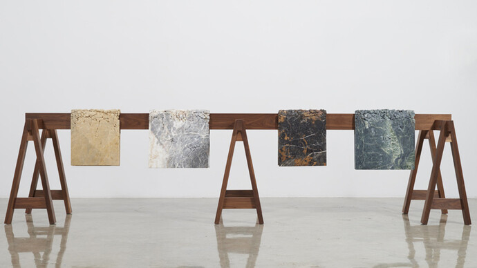 Analia Saban, Draped Marble (Jade, St. Laurant, Fior di Pesco, Emperor Gold), 2015, marble mounted on steel on wooden sawhorses, 37 1/2 x 150 x 32 inches; 95.3 x 381 x 81.3 cm (overall)