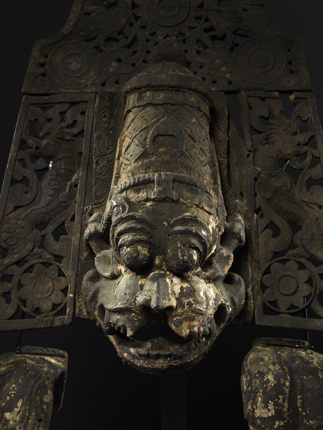 Narasimha detail of face
South India (Tamil Nadu), ca. 1700–1750 Wood with cloth and polychrome H. (with stand) 47 1/2 in. (120.7 cm); W. 40 in. (101.6 cm ); D. 20 in. (50.8 cm) Purchase, The Vincent Astor Foundation and Miriam and Ira D. Wallach Foundation Gifts, 2015
Photo: Courtesy of The Metropolitan Museum of Art