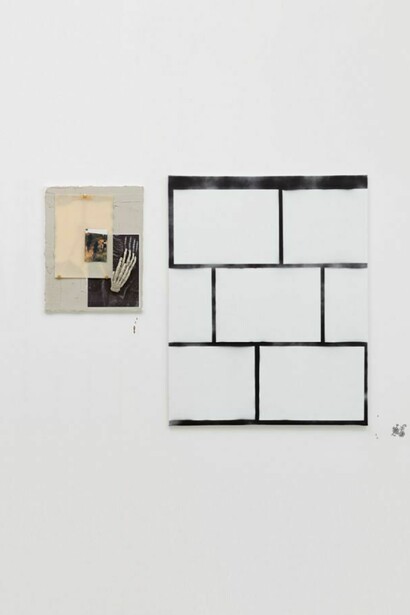 Genoveva Filipovic, For Negative Press, 2013, concrete, photograph, mixed media on canvas, 40 x 50 cm, 15 3/4 x 19 3/4 ins. And Genoveva Filipovic, Untitled, 2013, Spray paint on canvas, 80 x 100 cm, 31 1/2 x 39 3/8 ins Courtesy Vilma Gold, London. Photo: Lewis Ronald