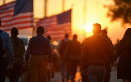 Citizens moving forward beneath American flags, symbolizing a collective journey toward a brighter future