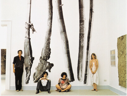 Boyle Family with mosaic of Electron microphotographs of hairs, Venice Biennale (1978). Copyright Boyle Family