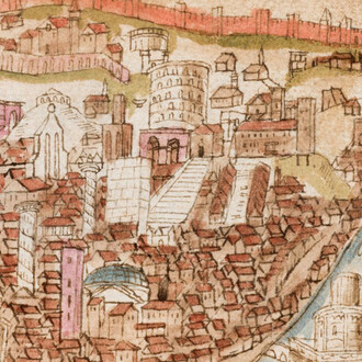 Anonimo, Veduta di Roma, miniatura su carta, metà del secolo XV, Torino, Biblioteca Reale, ms. 102, Varia, fol 28 r