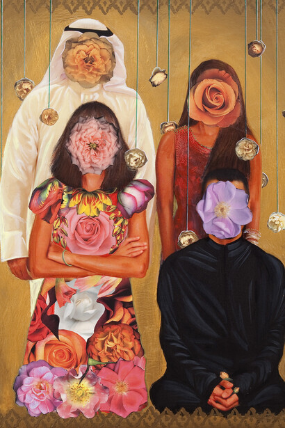 Shurooq Amin, Family Potrait 2, 2013, Mixed media on canvas and wood frame, 150 x 128 x 13 cm