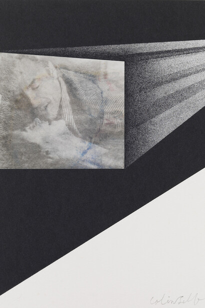 Colin Self, Cinema Series (romantic couple), 29/02/65, Burnished image, spray paint, pencil, 31 x 29 cm
