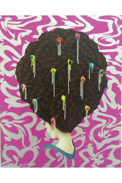 Aya Uekawa, Yoshiwara Girl, 2014, Bead, nails, acrylic paint on paper mounted wood panel, 14 x 11"