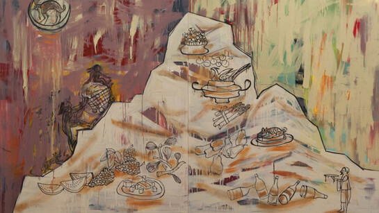 Jaune Quick-to-See Smith, Sissy and the Plutocrats, 2012, oil and acrylic on canvas, 72 x 96 inches