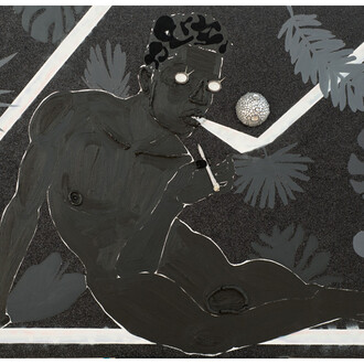 Devan Shimoyama, Adjusting to the Luminous Black, 2015
Oil, glitter, rhinestones, beads, collage on canvas
68 x 48 x 2.25in