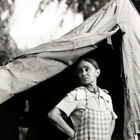 Dorothea Lange, Greek migratory woman living in a cotton camp near Exeter, California., c.1935. Gelatin silver print, printed c.1935, 7 1/8 x 9 1/2 in.