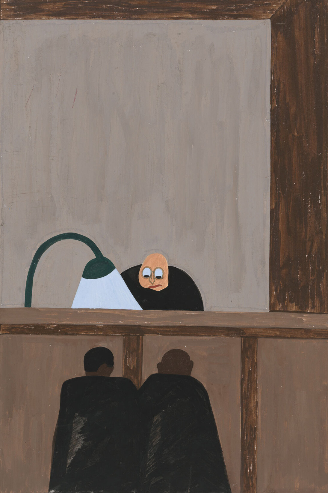 Jacob Lawrence. The Migration Series. 1940-41. Panel 14: “Among the social conditions that existed which was partly the cause of the migration was the injustice done to the Negroes in the courts.” Casein tempera on hardboard, 18 x 12″ (45.7 x 30.5 cm). The Museum of Modern Art, New York. Gift of Mrs. David M. Levy. © 2015 The Jacob and Gwendolyn Knight Lawrence Foundation, Seattle / Artists Rights Society (ARS), New York. Digital image © The Museum of Modern Art/Licensed by SCALA / Art Resource, NY