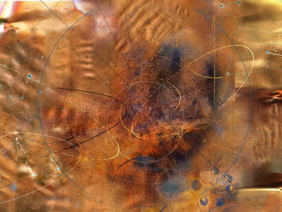 Rohini Devasher, Latent Fields, detail of field six, 2023, seven panels of 10mm habotai silk, 120 x 220 inches each. Courtesy of Gallery Wendi Norris