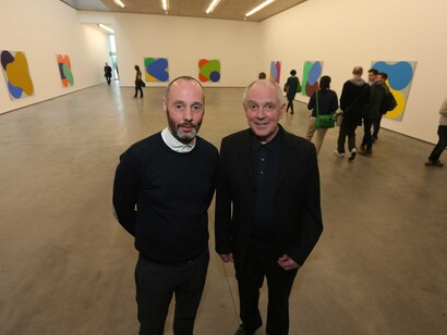 Hugh Mullholland, MAC Curator pictured with one of Ireland’s leading abstract painters, Richard Gorman, at the launch of his exhibition of new paintings at the MAC.