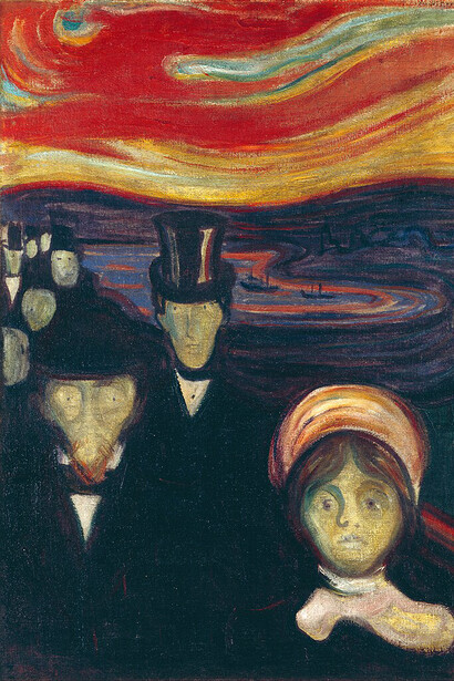 Edvard Munch, "Ansia", (1984). A questa serie di lutti e di malesseri, si aggiungono momenti di grande abbattimento e di solitudine
