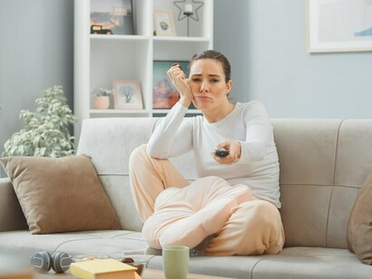 A woman in casual clothing sitting on a couch at home, enjoying a cookie, holding the remote, and watching a K-drama on TV