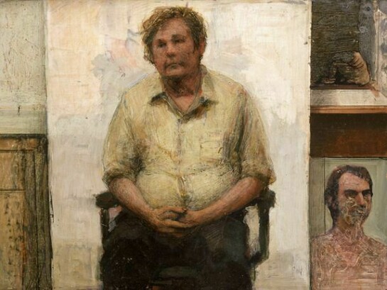 Gregory Gillespie, Bill (in Studio), 1984, oil on panel, 13 x 18 1/2 inches