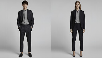Male and female model stands side by side in suits, embodying genderless fashion
