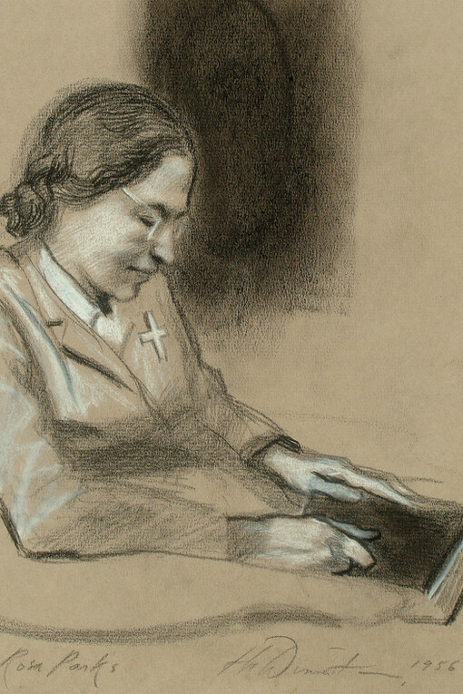 Mrs. Rosa Parks, Montgomery, 1956. Harvey Dinnerstein (born 1928). Graphite and pastel on gray laid paper, sheet: 15 1/16 × 12 7/16 inches. Delaware Art Museum, F. V. du Pont Acquisition Fund, 1993. © Harvey Dinnerstein.