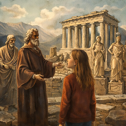 A quiet moment in ancient ruins where reading becomes a journey into early philosophy, reason, and the origins of human thought