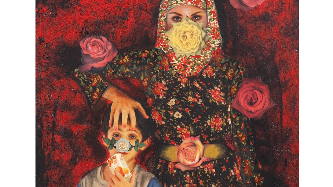 Shurooq Amin, This Way Up - Painting the Roses Red, 2013, Mixed media on canvas, 120 x 100 cm