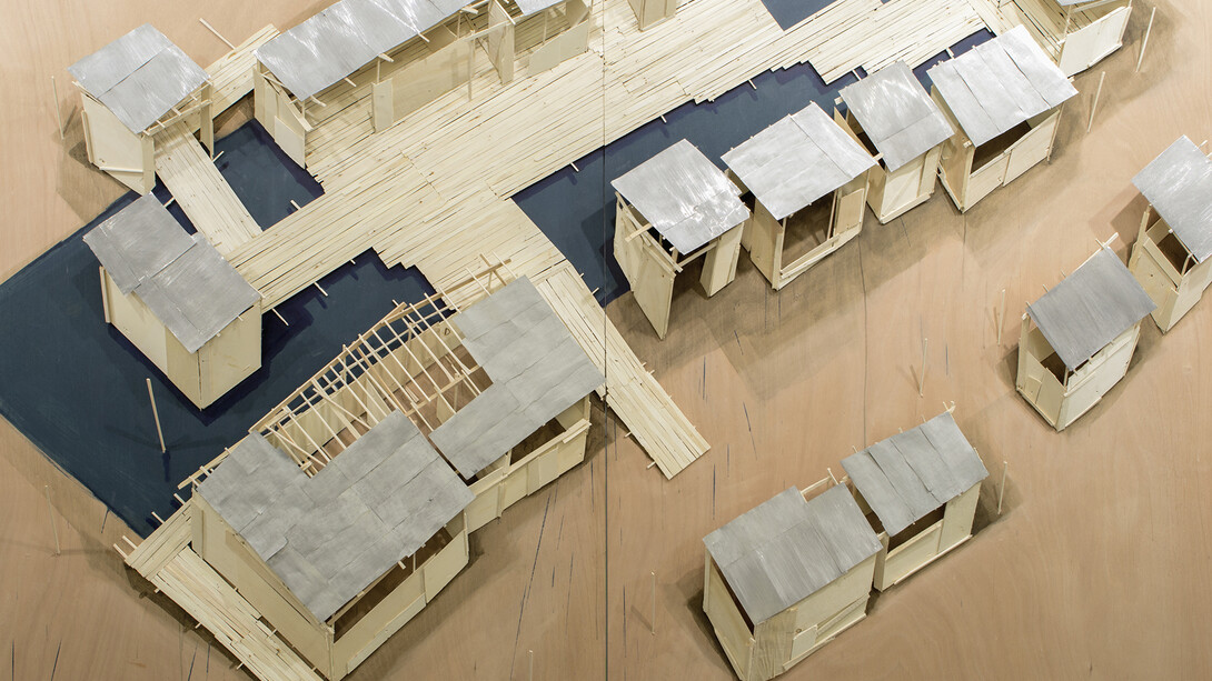 Tadashi Kawamata (1953-), Favela Café no. 3, 2014, Wooden scale model, metal sheet and paint, 210 x 306 x 15 cm, Signed and dated on the back