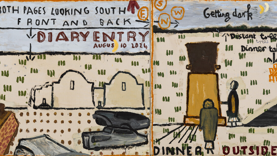 Rose Wylie, Dinner outside, 2024. Avec l’aimable autorisation du Zentrum Paul Klee