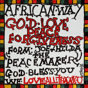 Joe Minter, Come Together In Jesus (A Gift, A Jewel, A Treasure, From Joe + Hilda, We Love All Of You), 2022, paint on wood panel, 48x48 inches. Courtesy the artist and March Gallery, NYC