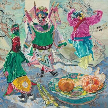 Janet Fish. Chinese Puppets, 1988. Oil on linen, 50 x 50 inches