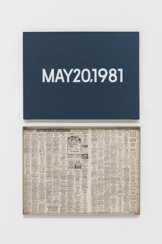 On Kawara, MAY 20, 1981, “Wednesday.” New York, From Today, 1966–2013, Acrylic on canvas, 18 x 24 inches (45.7 x 61 cm), Pictured with artist-made cardboard storage boxes, 24 5/8 x 18 5/8 x 2 inches (62.5 x 47.3 x 5 cm), Private collection. Photo: Courtesy David Zwirner, New York/London