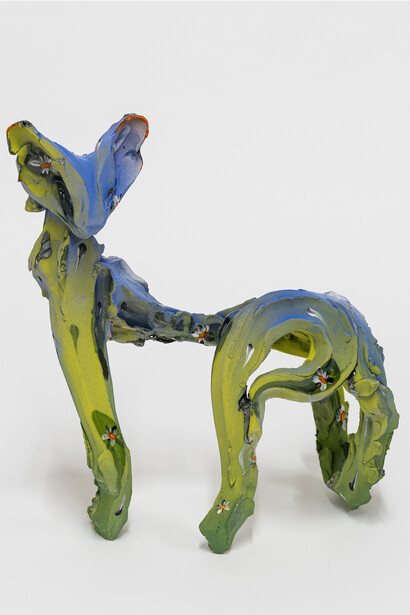 Alex Anderson, Energy Cat, 2024, earthenware, glaze, 13 x 12 x 7 in. Courtesy of the artist and Sargent's Daughters Gallery