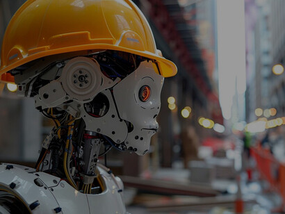 Cutting-edge robot performing tasks on a futuristic construction site