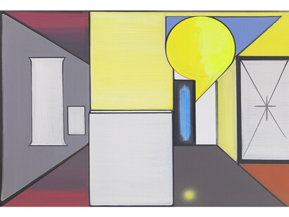 Thomas Scheibitz, Studio (Berlin), 2014, oil, vinyl, pigment marker on canvas, 49 1/5 x 67 inches; 125 x 170 cm. Courtesy the artist and Tanya Bonakdar Gallery, New York