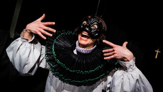 Arlecchino Mask from Commedia dell’Arte tradition utilised in the devised solo show Don’t You Dare! (2019) Photo by Riccardo Sai