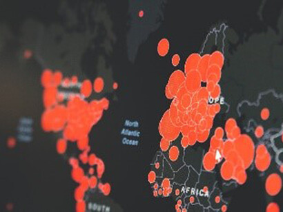 With a somber palette of red and black, the world map serves as a stark reminder of the pandemic's far-reaching consequences, illustrating the breadth and severity of its effects on a global scale