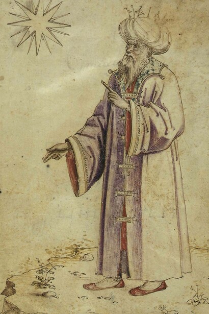 Ermete Trismegisto vestito in stile arabeggiante con turbante e corona reale,  manoscritto alchemico, Firenze, Biblioteca Laurenziana MS. Ashburnham 1166. XIV secolo