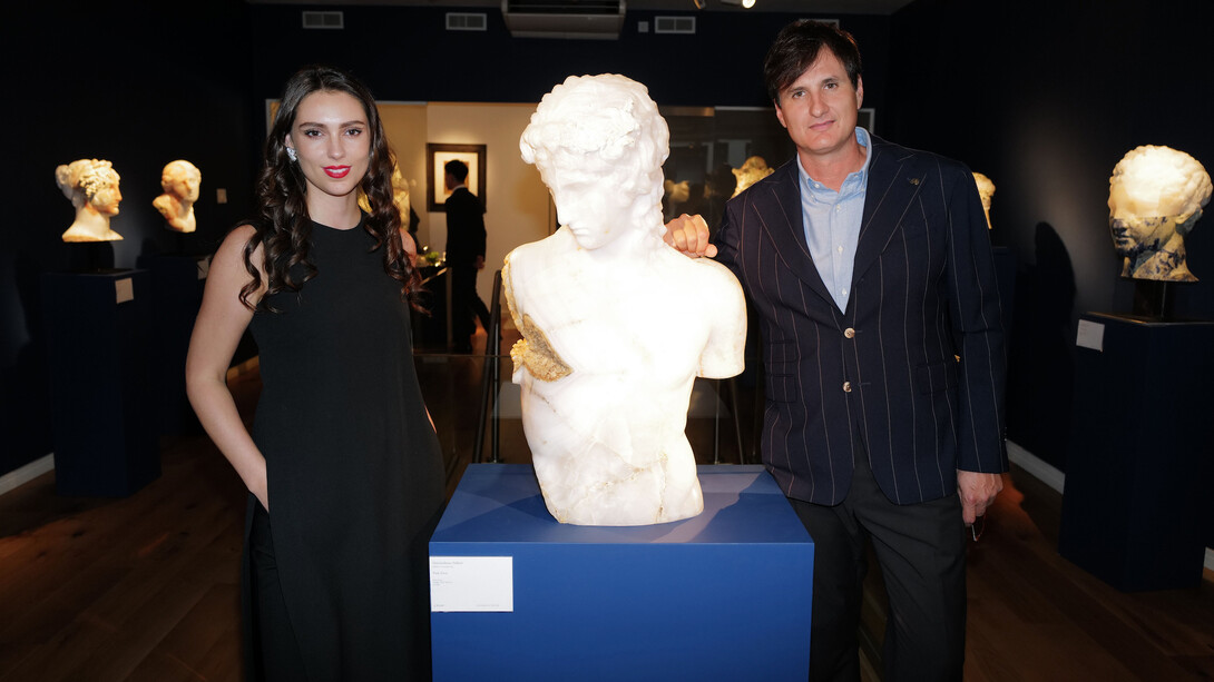 Gallery director Mica Bowman with Massimiliano Pelletti. Courtesy of Bowman Sculpture Gallery. Photo by Richard Young