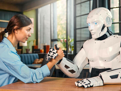 A woman and a robot working side by side on a laptop in an office—symbolizing the tension between human and machine