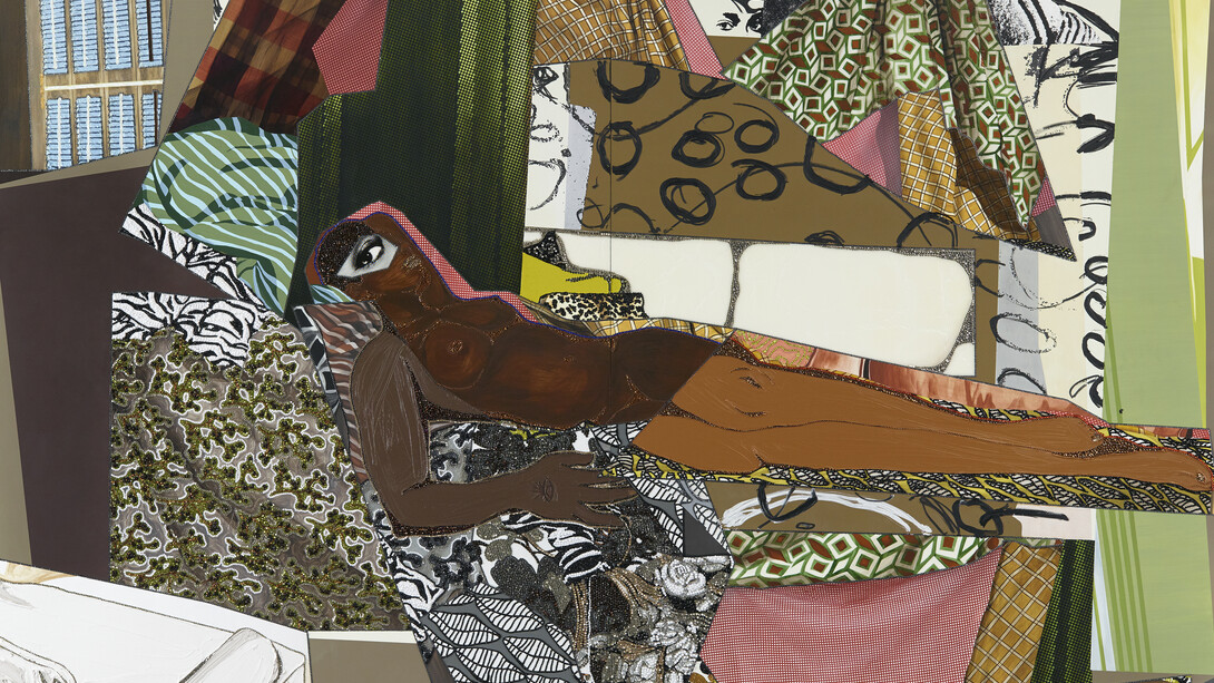 Mickalene Thomas, Marie Femme Noire Nue Couchée 2, 2014, Strass, acrylique, huile et email sur panneau de bois, 243,84 x 304,8 x 5,1 cm (96 x 120 x 2 in.), Courtesy Galerie Nathalie Obadia, Paris/Bruxelles