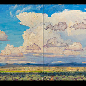 Jivan Lee, West from 150 at Noon (diptych), 2023, oil on panel, 48x96.25 inches. Courtesy the artist and LewAllen Galleries
