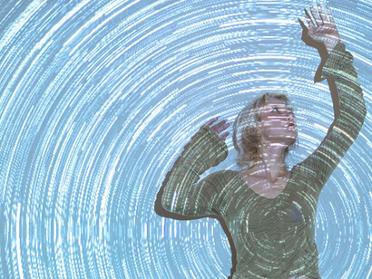 A woman amidst a universe projection texture, seamlessly integrated with complexity diagrams. This composition prompts reflection on time perception, human understanding, and philosophical concepts, adding depth and intrigue to your content