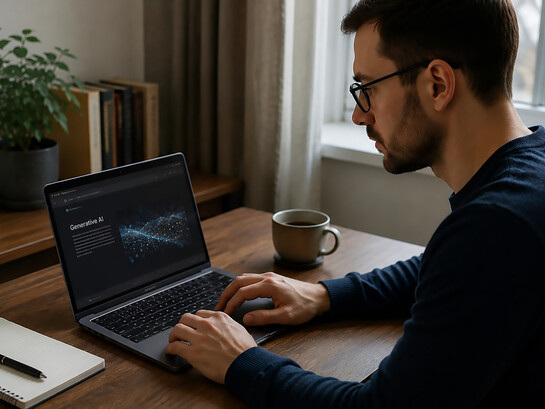 A writer immersed in the creative process collaborates with generative AI in a quiet home workspace, reflecting the evolving relationship between human thought and machine-assisted authorship