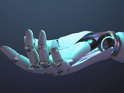 Close-up of an AI robot hand pointing, highlighting cutting-edge artificial intelligence technology